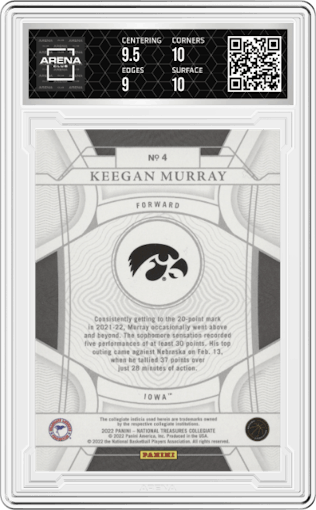Keegan Murray from the 2022-23 Panini National Treasures Collegiate Basketball set featuring a Century Emerald parallel graded by Arena Club and given an overall grade of 9.5.