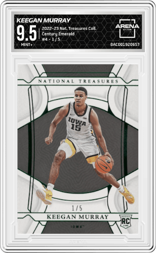 Keegan Murray from the 2022-23 Panini National Treasures Collegiate Basketball set featuring a Century Emerald parallel graded by Arena Club and given an overall grade of 9.5.