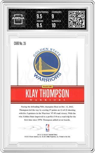 Klay Thompson from the 2012-13 Panini Select set graded by Arena Club and given an overall grade of 9.5.