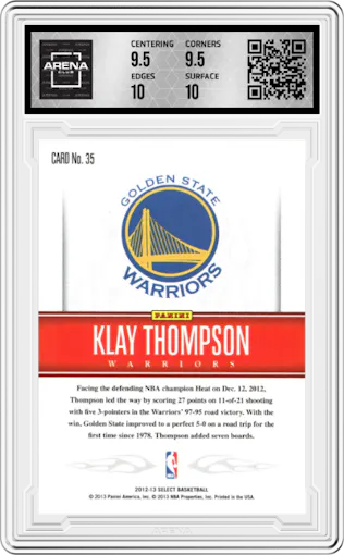 Klay Thompson from the 2012-13 Panini Select set graded by Arena Club and given an overall grade of 10.