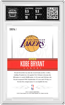 Kobe Bryant from the 2012-13 Panini Select set graded by Arena Club and given an overall grade of 9.