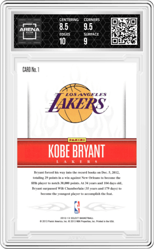 Kobe Bryant from the 2012-13 Panini Select set graded by Arena Club and given an overall grade of 9.