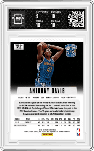 Anthony Davis from the 2012-13 Panini Prizm set featuring a Gold Prizm parallel graded by Arena Club and given an overall grade of 9.5.