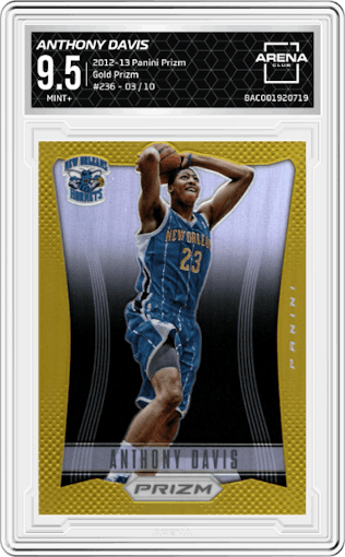 Anthony Davis from the 2012-13 Panini Prizm set featuring a Gold Prizm parallel graded by Arena Club and given an overall grade of 9.5.