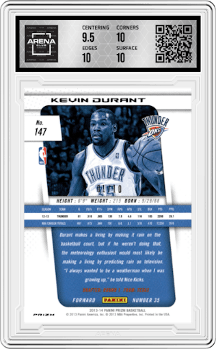Kevin Durant from the 2013-14 Panini Prizm set featuring a Gold Prizm parallel graded by Arena Club and given an overall grade of 10.