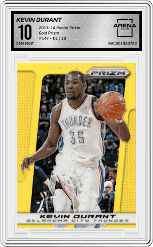 Kevin Durant from the 2013-14 Panini Prizm set featuring a Gold Prizm parallel graded by Arena Club and given an overall grade of 10.