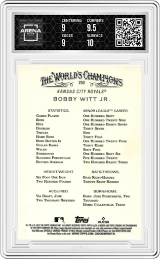 Bobby Witt Jr. from the 2022 Topps Allen & Ginter Chrome set graded by Arena Club and given an overall grade of 9.5.