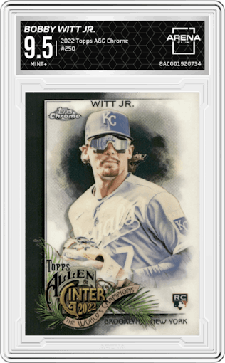 Bobby Witt Jr. from the 2022 Topps Allen & Ginter Chrome set graded by Arena Club and given an overall grade of 9.5.