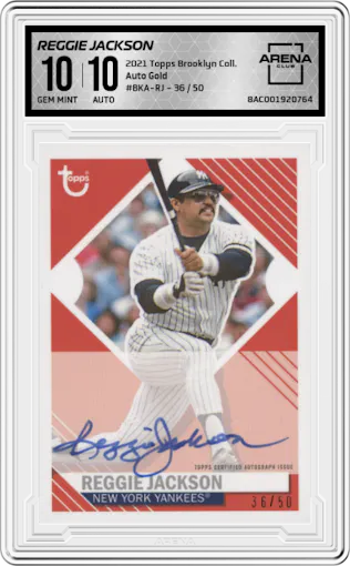 Reggie Jackson from the 2021 Topps Brooklyn Collection set featuring a Gold parallel graded by Arena Club and given an overall grade of 10.