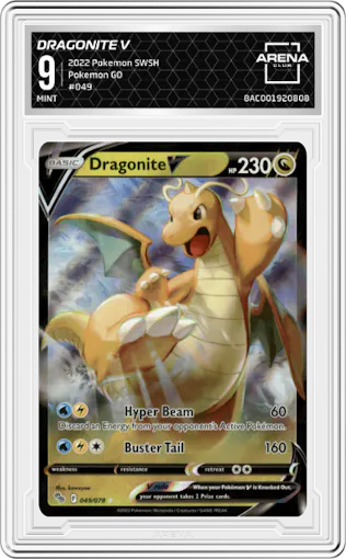 Dragonite V from the 2022 Pokemon SWSH set graded by Arena Club and given an overall grade of 9.