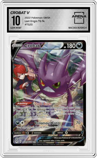 Crobat V from the 2022 Pokemon SWSH set graded by Arena Club and given an overall grade of 10.