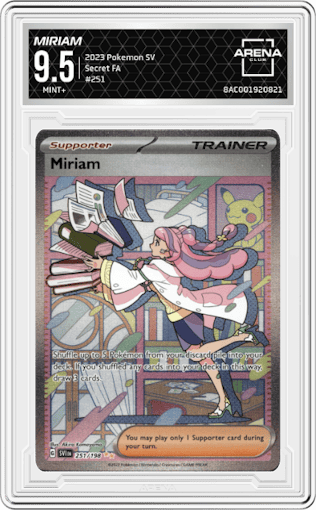 Miriam from the 2023 Pokemon SV set graded by Arena Club and given an overall grade of 9.5.