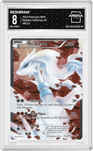 Reshiram from the 2013 Pokemon B&W set graded by Arena Club and given an overall grade of 8.