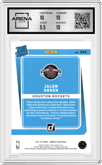 Jalen Green from the 2021-22 Panini Donruss set featuring a Pink Holo Laser parallel graded by Arena Club and given an overall grade of 10.