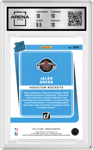 Jalen Green from the 2021-22 Panini Donruss set featuring a Pink Holo Laser parallel graded by Arena Club and given an overall grade of 10.