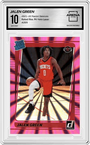 Jalen Green from the 2021-22 Panini Donruss set featuring a Pink Holo Laser parallel graded by Arena Club and given an overall grade of 10.