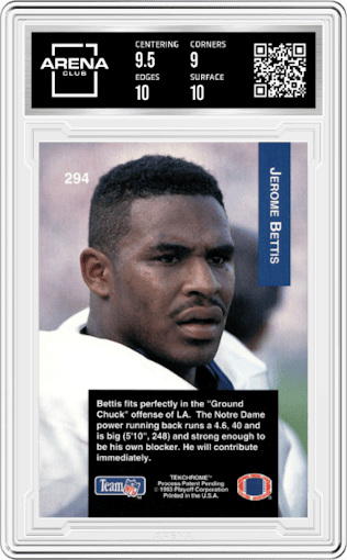 Jerome Bettis  from the 1993 Playoff set graded by Arena Club and given an overall grade of 9.5.