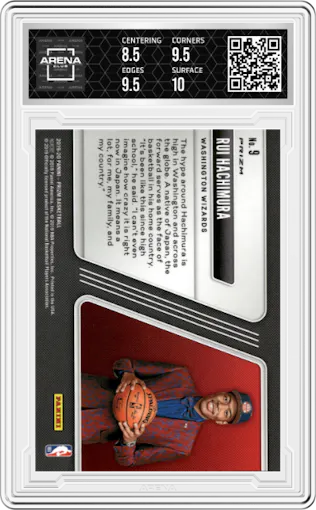 Rui Hachimura from the 2019-20 Panini Prizm set featuring a Fast Break parallel graded by Arena Club and given an overall grade of 9.