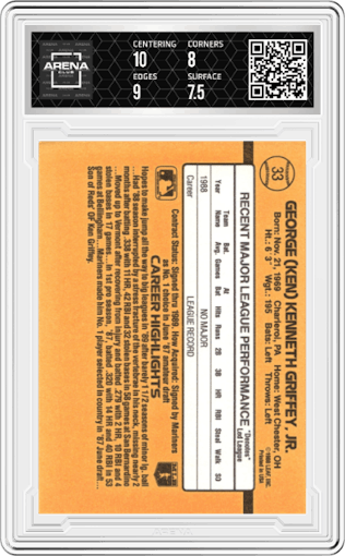 Ken Griffey Jr. from the 1989 Donruss set graded by Arena Club and given an overall grade of 8.