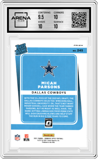 Micah Parsons from the 2021 Panini Donruss Optic set featuring a Blue Hyper parallel graded by Arena Club and given an overall grade of 10.