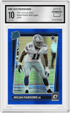Micah Parsons from the 2021 Panini Donruss Optic set featuring a Blue Hyper parallel graded by Arena Club and given an overall grade of 10.