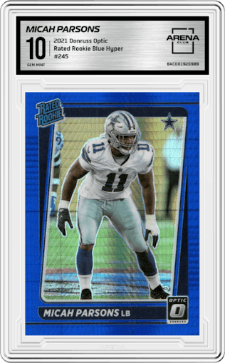 Micah Parsons from the 2021 Panini Donruss Optic set featuring a Blue Hyper parallel graded by Arena Club and given an overall grade of 10.