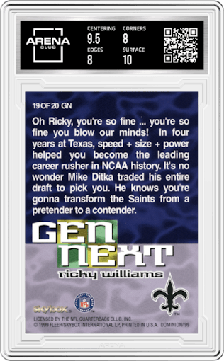 Ricky Williams from the 1999 Skybox Dominion set graded by Arena Club and given an overall grade of 8.5.