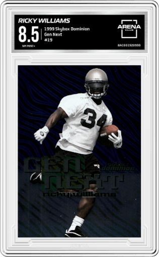 Ricky Williams from the 1999 Skybox Dominion set graded by Arena Club and given an overall grade of 8.5.