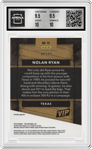 Nolan Ryan from the 2019 Panini The National VIP set graded by Arena Club and given an overall grade of 10.