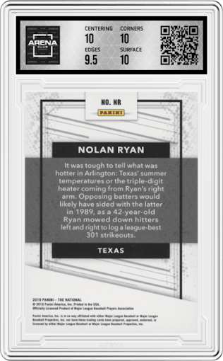 Nolan Ryan from the 2019 Panini National Convention Wrapper Redemption set featuring a Magnetic Fur parallel graded by Arena Club and given an overall grade of 10.