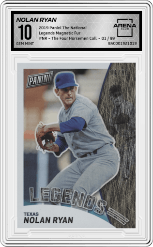 Nolan Ryan from the 2019 Panini National Convention Wrapper Redemption set featuring a Magnetic Fur parallel graded by Arena Club and given an overall grade of 10.