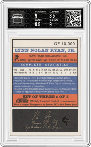 Nolan Ryan from the 1992 Bleachers 23KT Nolan Ryan set featuring a Gold Foil parallel graded by Arena Club and given an overall grade of 9.