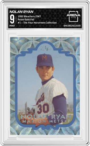 Nolan Ryan from the 1992 Bleachers 23KT Nolan Ryan set featuring a Gold Foil parallel graded by Arena Club and given an overall grade of 9.