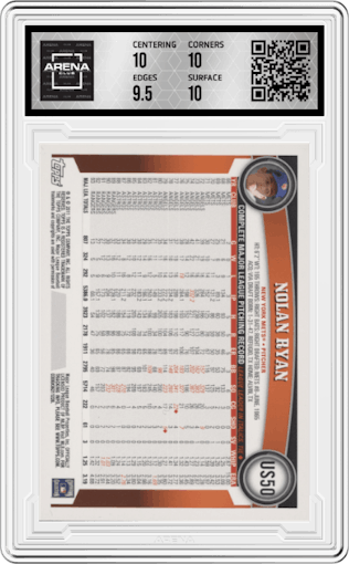Nolan Ryan from the 2011 Topps Update set featuring a Diamond Anniversary parallel graded by Arena Club and given an overall grade of 10.