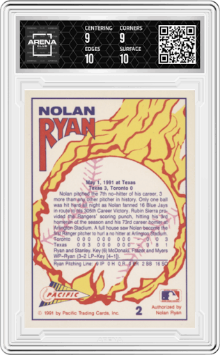 Nolan Ryan from the 1991 Pacific Nolan Ryan Texas Express I set featuring a Silver Holofoil parallel graded by Arena Club and given an overall grade of 9.5.