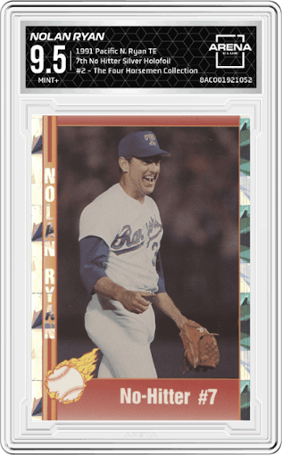 Nolan Ryan from the 1991 Pacific Nolan Ryan Texas Express I set featuring a Silver Holofoil parallel graded by Arena Club and given an overall grade of 9.5.