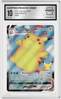Surfing Pikachu VMAX from the 2021 Pokemon SWSH set graded by Arena Club and given an overall grade of 10.