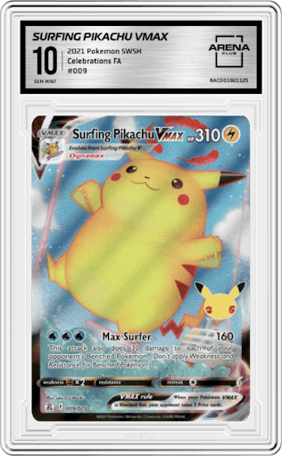 Surfing Pikachu VMAX from the 2021 Pokemon SWSH set graded by Arena Club and given an overall grade of 10.