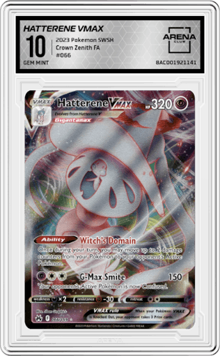 Hatterene VMAX from the 2023 Pokemon SWSH set graded by Arena Club and given an overall grade of 10.