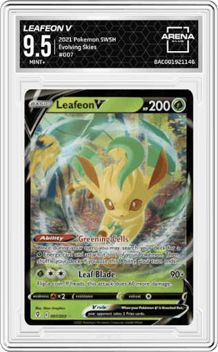 Leafeon V from the 2021 Pokemon SWSH set graded by Arena Club and given an overall grade of 9.5.