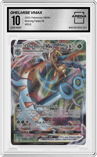 Dhelmise VMAX from the 2021 Pokemon SWSH set graded by Arena Club and given an overall grade of 10.