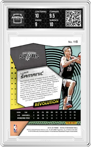 Luka Samanic from the 2019-20 Panini Revolution set graded by Arena Club and given an overall grade of 9.5.