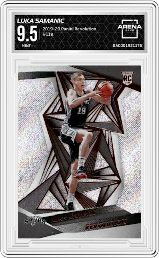 Luka Samanic from the 2019-20 Panini Revolution set graded by Arena Club and given an overall grade of 9.5.
