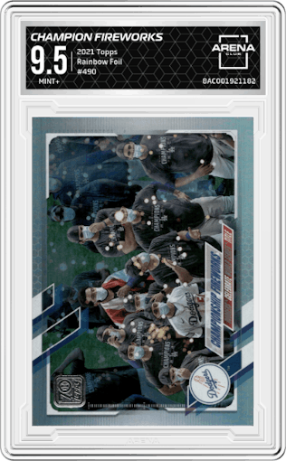 Champion Fireworks from the 2021 Topps Series 2 set featuring a Rainbow Foil parallel graded by Arena Club and given an overall grade of 9.5.