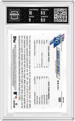 Kansas City Royals from the 2021 Topps Series 2 set featuring a Rainbow Foil parallel graded by Arena Club and given an overall grade of 9.5.