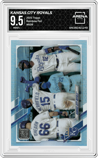 Kansas City Royals from the 2021 Topps Series 2 set featuring a Rainbow Foil parallel graded by Arena Club and given an overall grade of 9.5.