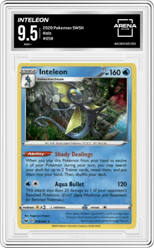 Inteleon from the 2020 Pokemon SWSH set graded by Arena Club and given an overall grade of 9.5.