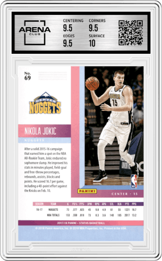 Nikola Jokic from the 2017-18 Panini Status set featuring a Purple parallel graded by Arena Club and given an overall grade of 10.
