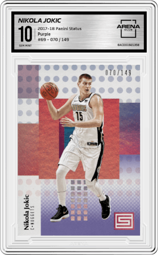 Nikola Jokic from the 2017-18 Panini Status set featuring a Purple parallel graded by Arena Club and given an overall grade of 10.