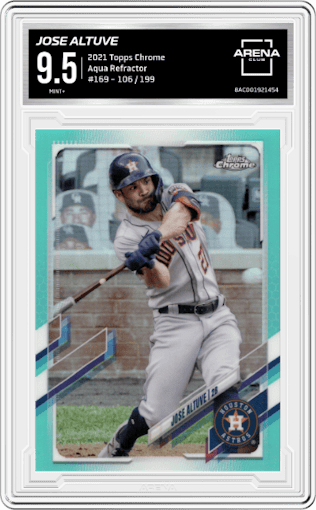 Jose Altuve from the 2021 Topps Chrome set featuring a Aqua Refractor parallel graded by Arena Club and given an overall grade of 9.5.